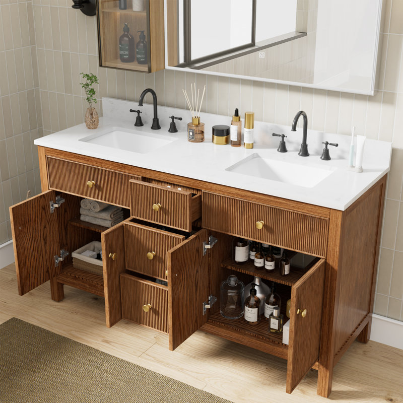 Ensemble de meuble-lavabo à double cuve 60 "avec plateau en pierre reconstituée Barnhart, Brun / or