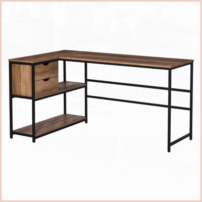 L-Shaped Home Office Computer Desk with 2 Drawers &amp; Shelves, Space-Saving Industrial Steel Frame for Small Spaces