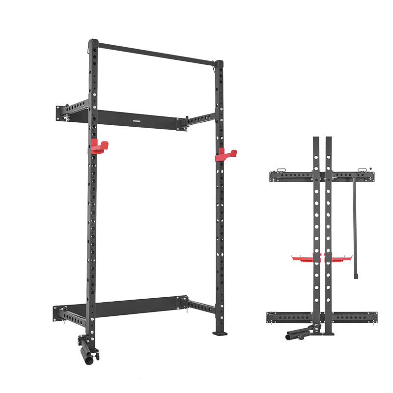 Cage électrique pliante, support à squat mural, support multifonctionnel pour l'entraînement en force avec porte-mine, crochets en J réglables et barre de traction pour la salle de gym à domicile, capacité de 1000 lb