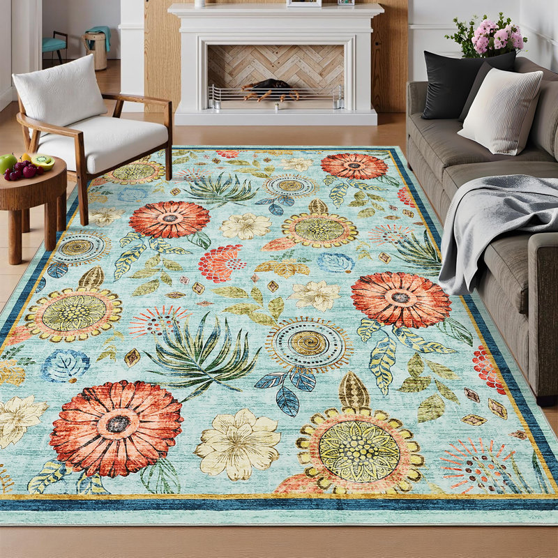 Floral Machine Washable Rug with Non Slip TPR Backing, Non Shedding Soft Low Pile Rug for Living Room Bedroom Nursery