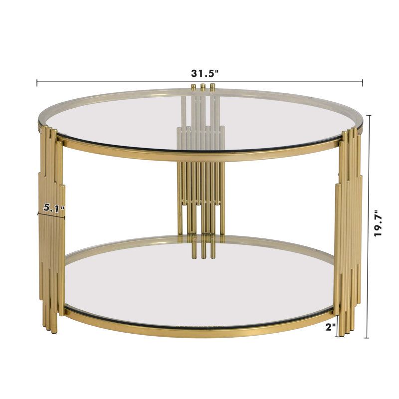 Table basse moderne en verre avec base cylindrique circulaire en métal et tablette inférieure, Transparent