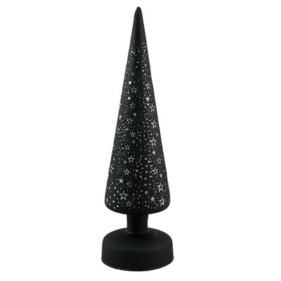 Figurine arbre noir avec étoiles argentées et lumières DEL
