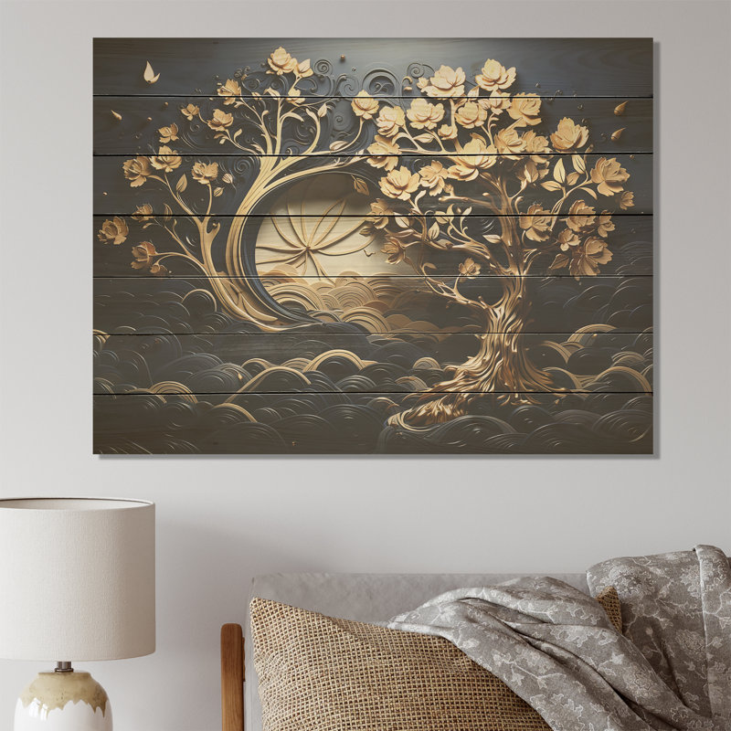Gold And Blue Coastal Ambiance II - Tree On Wood Print, 10" H x 20" W x 0.78" D