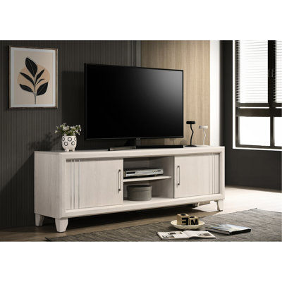 Meuble télé contemporain 1Pc avec finition beige, quincaillerie de ton argent, deux compartiments dissimulés et tablettes ouvertes, 71,1 po de long pour les espaces de rangement de la console multimédia, 23,6 po de hauteur