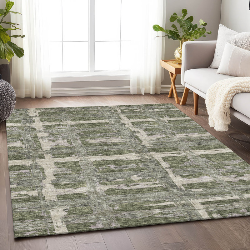 Tapis olive Prisco lavable à la machine de qualité supérieure, Rectangulaire 8 pi x 10 pi