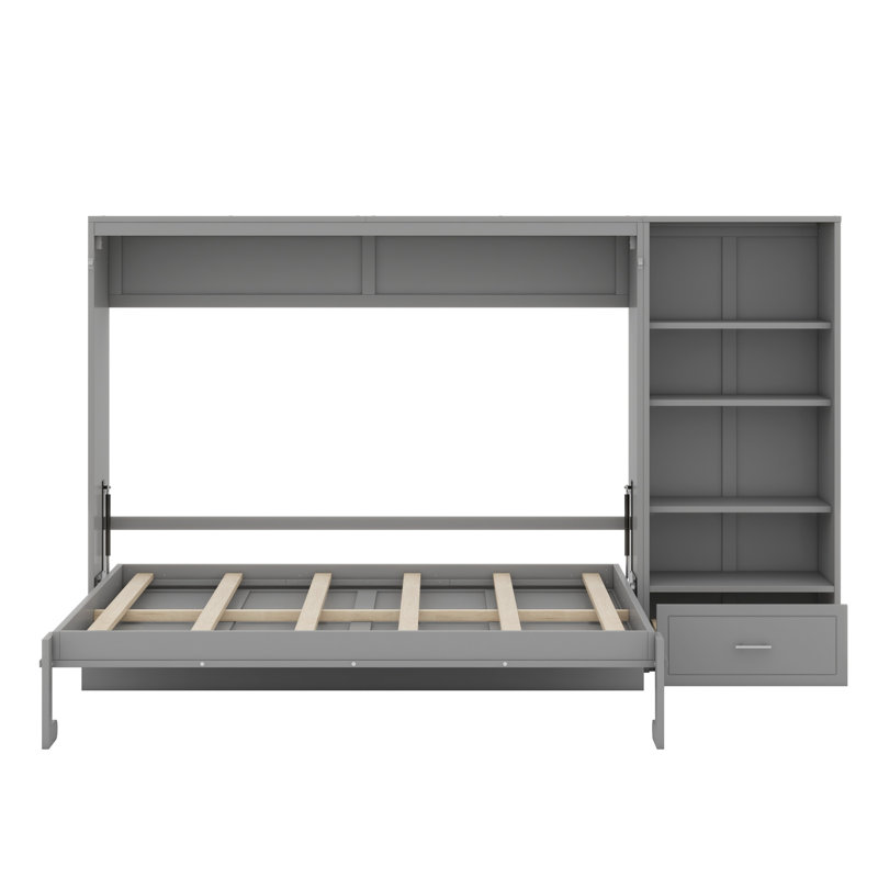 Lit escamotable avec compartiment de rangement et tiroir, Gris