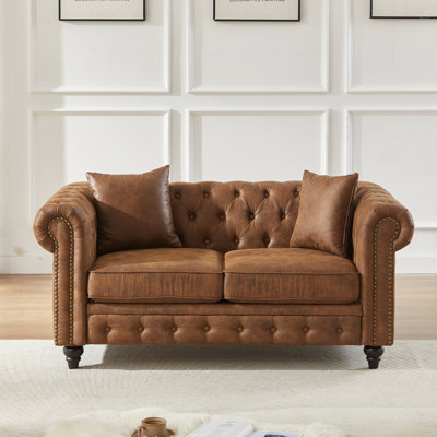 FX 63.5" Contemporary Design chesterfield sofa, Tech Fabric Button Design Living Room Sectional, Button Tufted with Nail Design Arms with 2 Pillows, Upholstered Upholstery and Wooden Legs W1926S00036