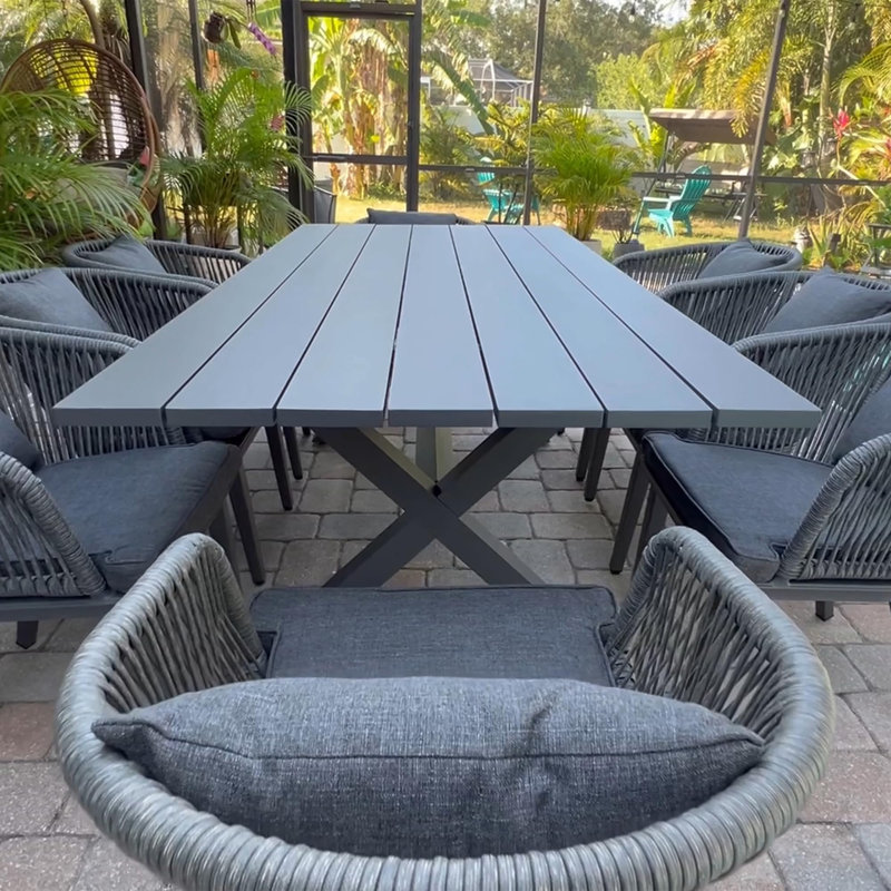 Maddielyn 10-Person Aluminum Patio Dining Set with Rectangular Table, Removable Seat and Back Cushions
