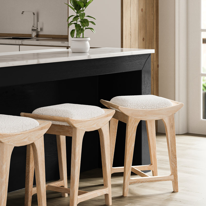 Cerused Oak Backless Counter Stool with White Boucle Seat
