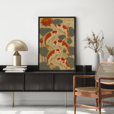 Koi Fish and Lotus Flower Art - Pictures Framed Canvas Print Wall Art