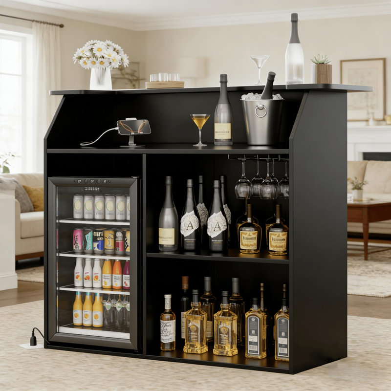 L-Shaped Mini Fridge Bar Cabinet with Built-In Power Outlets, 2-Tier Tabletop with Wine Glass Holders, Black Home Bar Cabinet with Ample Storage and USB Ports for Living Room or Kitchen