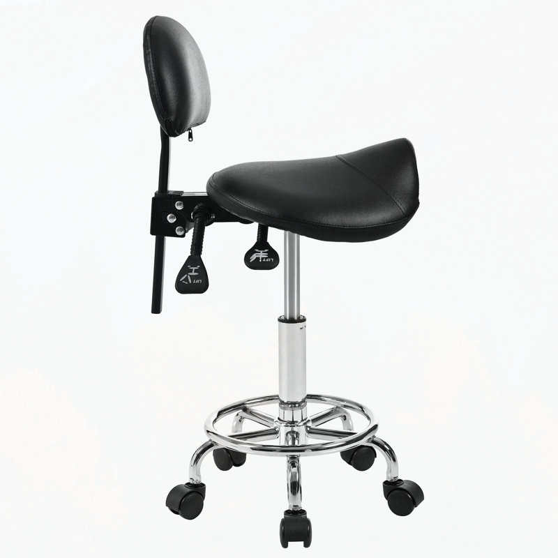 Saddle Stool with Back Support, Rolling Stools with Foot Rest, Ergonomic Adjustable Stool with Wheels, Backrest Adjustable Height & Angle for Salon Spa Tattoo Massage Office Swivel Stool Chair