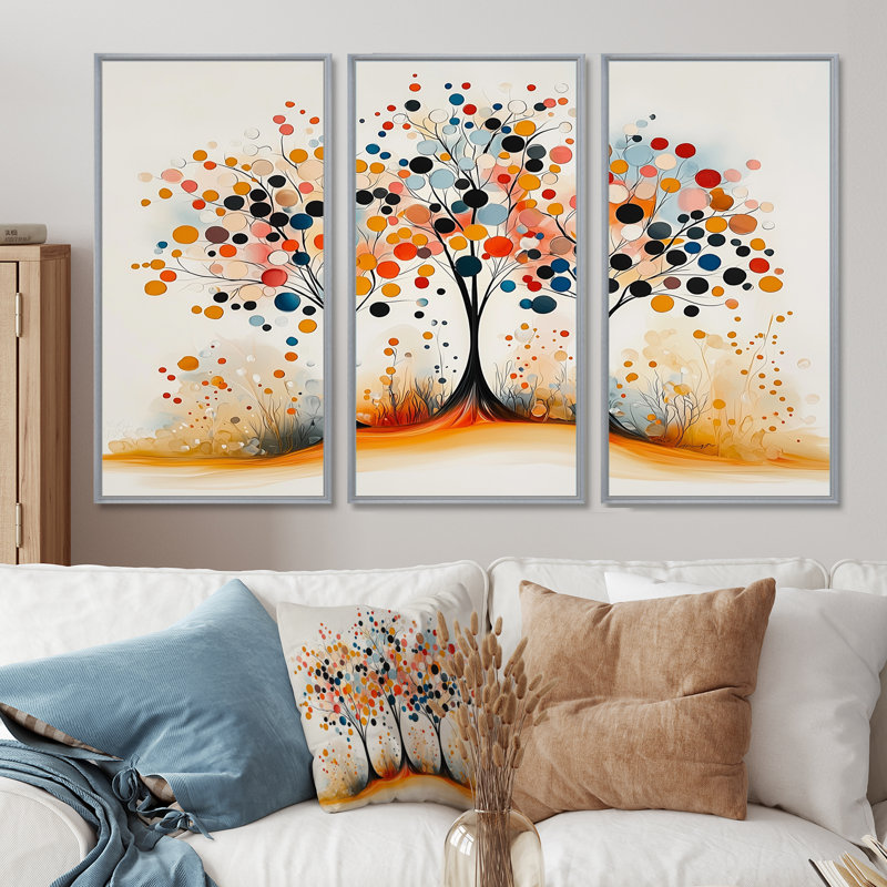 Automne orange et bleu, arbre, saisons, réflexions I - ensemble d'art abstrait mural Mid-Century, H 40 po x l 60 po x P 1 po