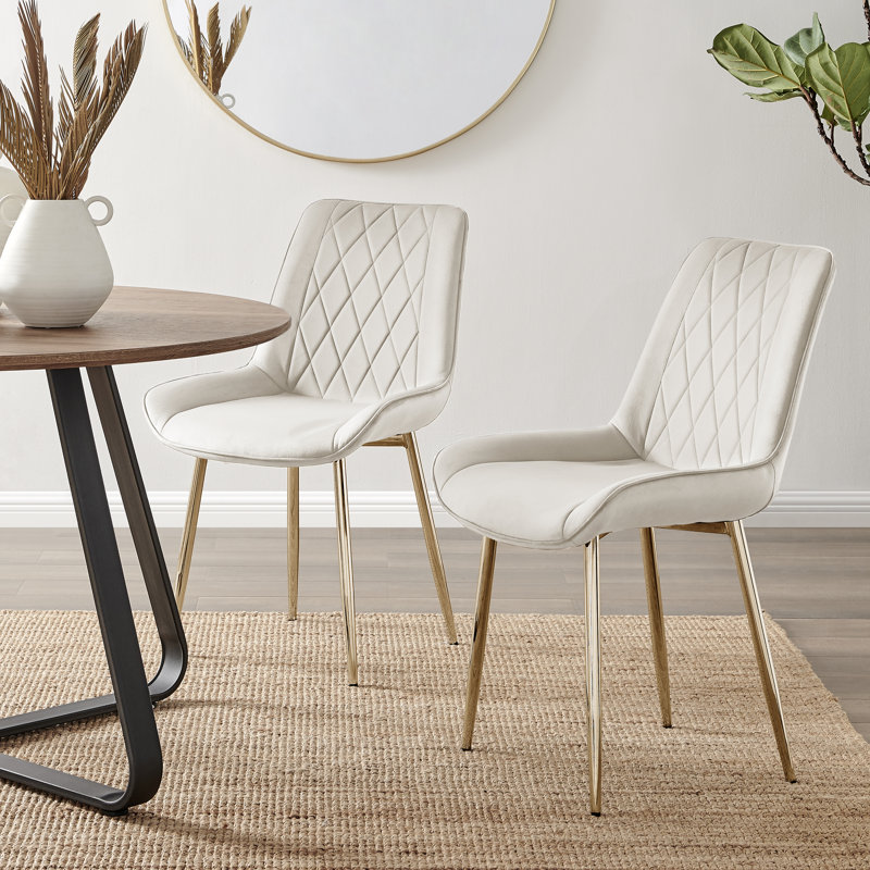 Simsbury Velvet Modern Upholstered Quilt Stitched Tapered Metal Leg Luxury Dining Chairs, Gold, Cream