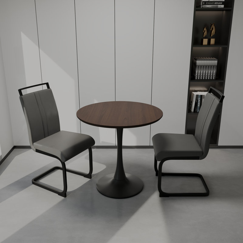 Ensemble de table de salle à manger 31,5 "en noyer circulaire, table à manger tulipe, table de salle à manger pour 2 à 4 personnes et 2 chaises de salle à manger en métal noir