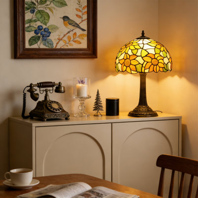 Lampe de table tournesol, lampe de chevet élégante avec abat-jour en verre teinté, lampe de lecture pour le salon, finition jaune, 12 po