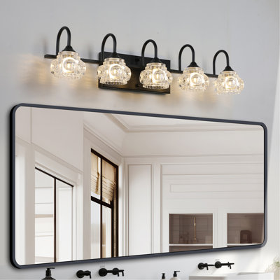 Luminaire de meuble-lavabo de salle de bain rétro 29 po 29 lumières - Finition noire avec abat-jour en cristal, éclairage mural pour salle de bain, salle d'eau et miroir de meuble-lavabo (sans ampoules)