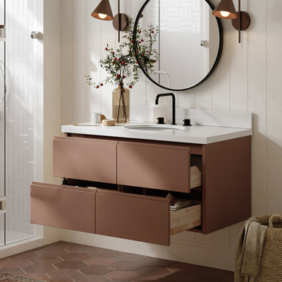   Setsuko 43 Inch Wall-Mounted Single Oval Sink Bathroom Vanity with Pure White Quartz Countertop 1.5 Inch in Mocha