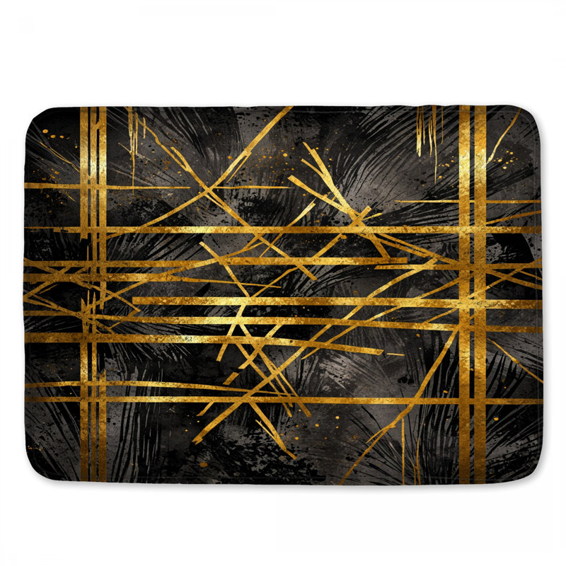 Tapis de bain doré à lignes abstraites noires, L 34 po x L 21 po