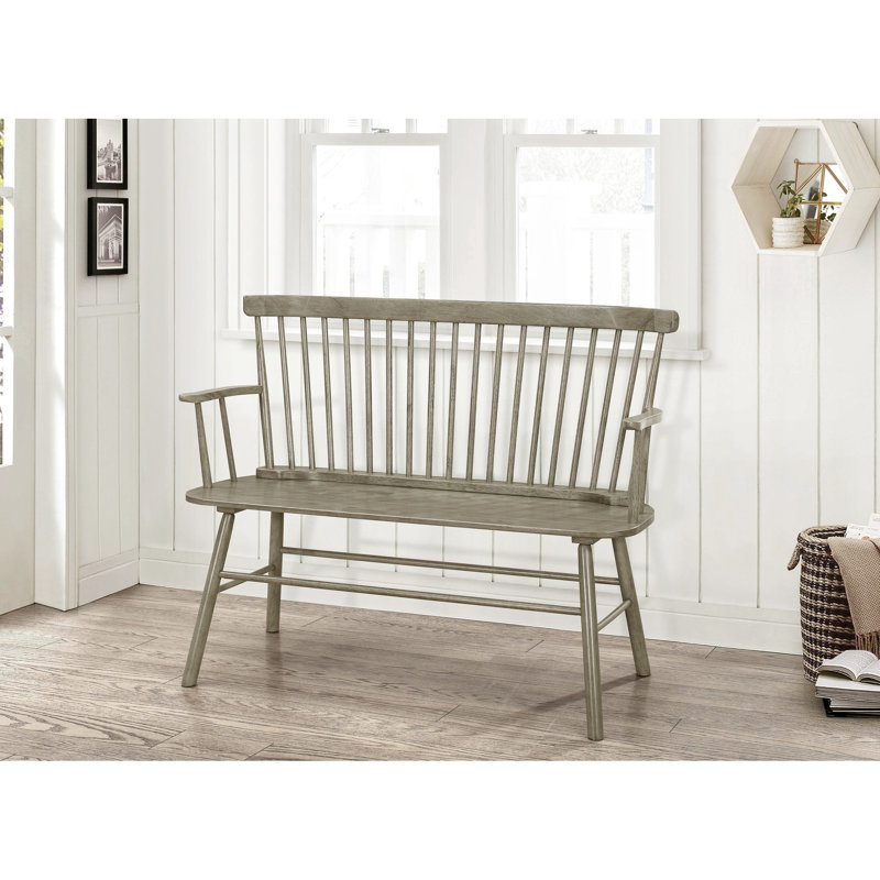 Gray Wooden Bench With Arm Rest And Spindle Design Chair Back Support, Gray