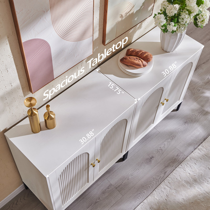 Buffet moderne cannelé avec rangement, Blanc, Two pieces, H 34 po x l 61,76 po x P 15,75 po