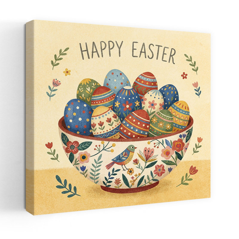 Joyeuses Pâques, œufs colorés, oiseaux traditionnels vibrants, printemps, impression murale, H 48 po x l 48 po