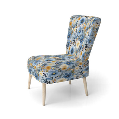 Blue Boho Chic Floral Chair - Chaise d'appoint rembourrée de style campagnard, chaise d'appoint bleue
