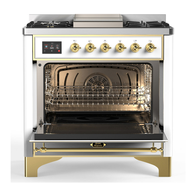 Majestic III Series 36 Inch Dual Fuel Range with 6 Sealed Burners, Griddle, in Glossy Black (Natural Gas, Brass Trim), White