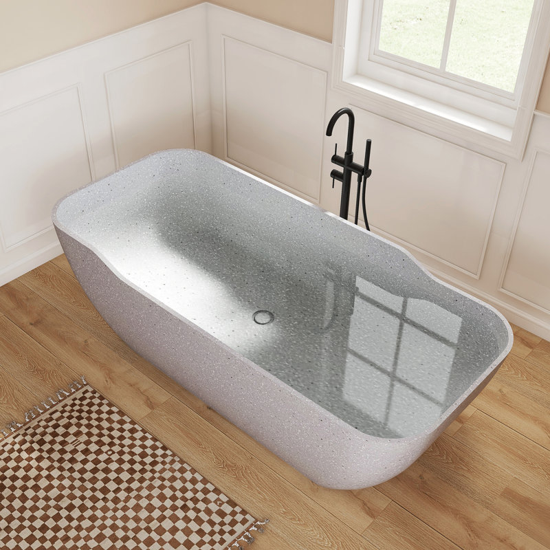 Baignoire de trempage autoportante en béton à surface solide 71 po Fslefay Terrazzo, Blanc