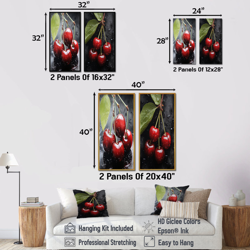 Charbon gris cerise Chaplin - fruits - ensemble de 2 impressions sur toile, H 28 po x l 25 po, Toile tendue
