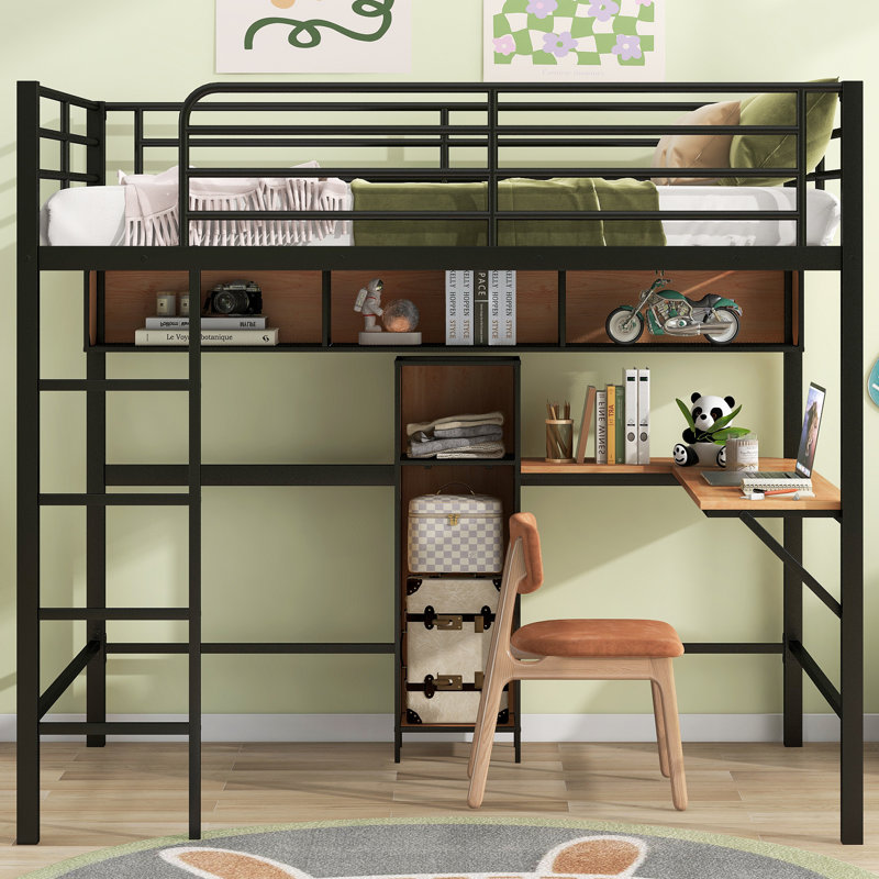 Lit mezzanine en métal et métal avec bureau en L et tablettes
