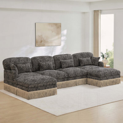 Comfy Chenille U-Shaped Sofa with Leopard Print, Tassel Edge, Movable Ottomans, Easy Assembly