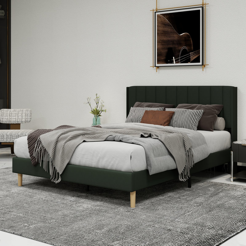 Lit plateforme tapissier avec tête de lit, Noir, Grand