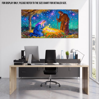 Nativity Scene Wall Art - Oh Holy Night Pictures Wall Decor, Christmas Nativity Canvas Wall Art for Living Room, Nativity Painting Wrapped Canvas Prints with Pine Frame, 20×40 inches
