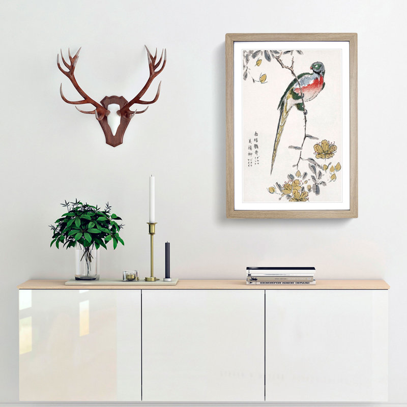 Macaw & Drooping Peach by Numata Kashu - Picture Frame Painting Print, 76cm H x 50cm W x 2cm D, Oak