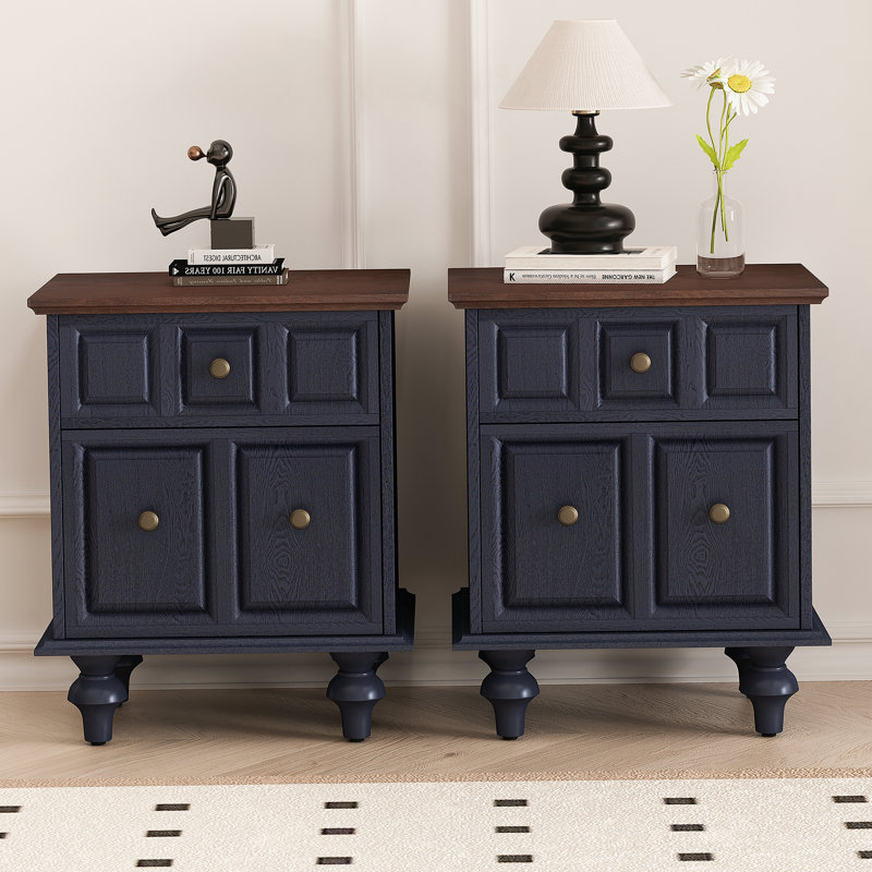 Vintage Nightstand With 2 Drawers (Set Of 2), Dark Blue, Set of 2