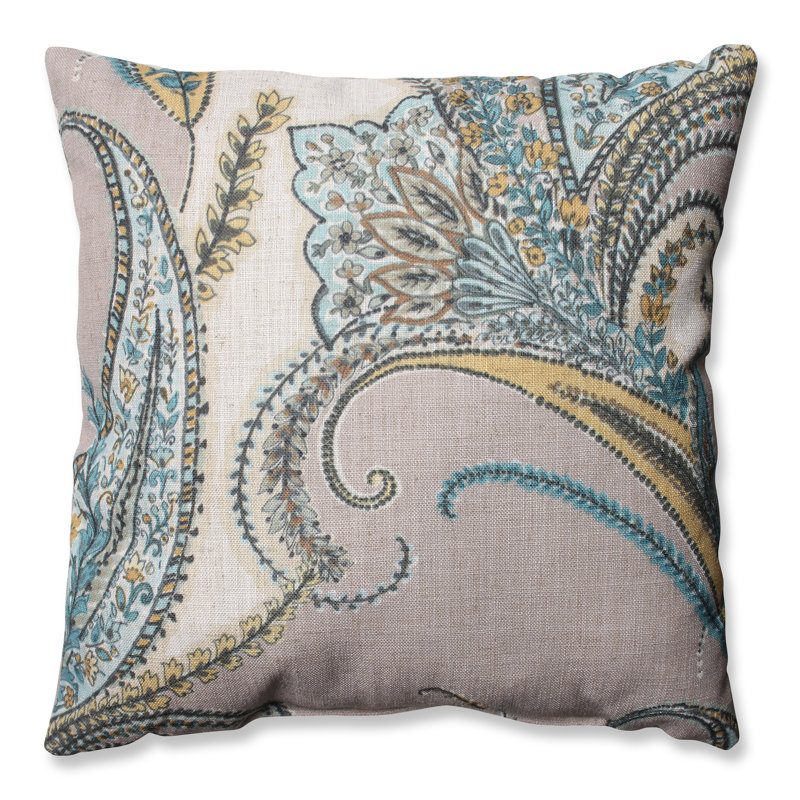 Paisley Embroidered Beige and Blue Square Throw Pillow