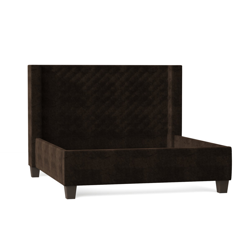 Bren Upholstered Wingback Bed, California King, Bella Black Performance Velvet, Brown Mahogany
