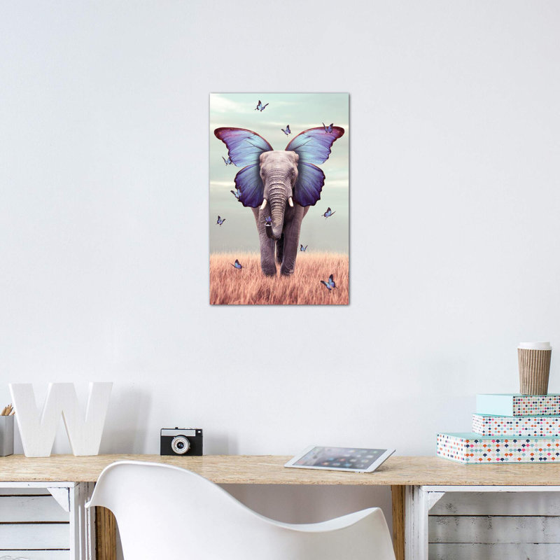 «Elephant Blue Morpho Lenity Mint» par Soaring Anchor Designs - impression d'art graphique, H 40 po x l 26 po x P 1,5 po