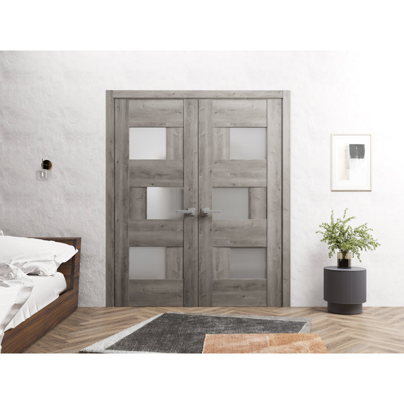 Portes françaises doubles solides | Sete 6933 avec verre givré | Garnitures en bois massif, 60 po x 96 po, Gris Nebraska