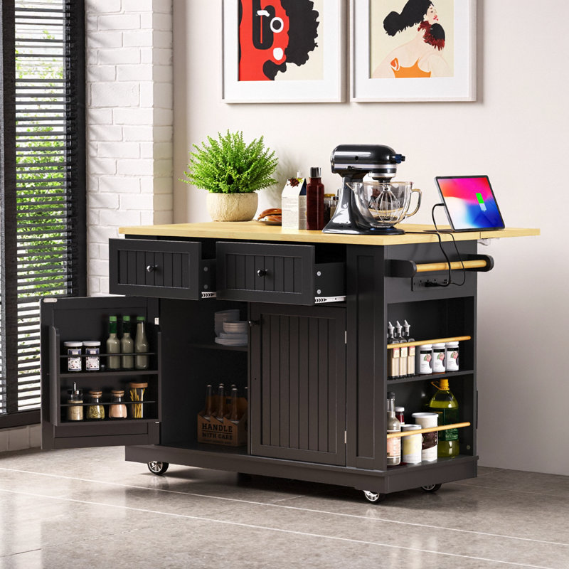 Rustic Farmhouse Kitchen Island with Power Outlet, Drop Leaf & 2 Stools, Ample Storage & Mobility, Black