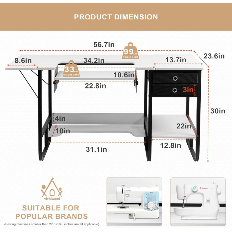 Foldable Sewing Machine Table with Adjustable Platform, Storage Shelf, and 2 Cloth Drawers - White