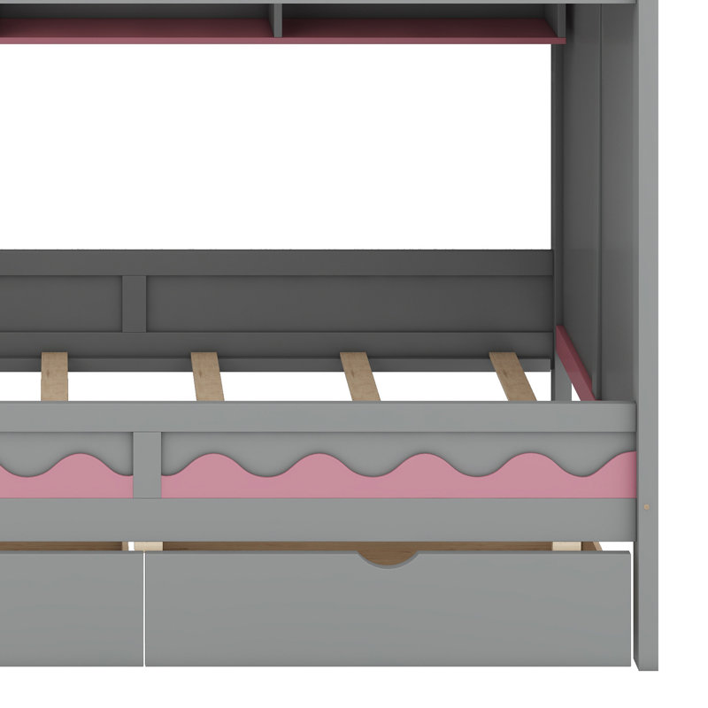 Kids’ Loft Bed Featuring House-Shaped Enclosure, Drawer, Staircase Access, And Integrated LED, Grey