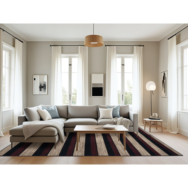 Tapis noir à rayures horizontales lavable à la machine, Rectangulaire 8 pi x 12 pi