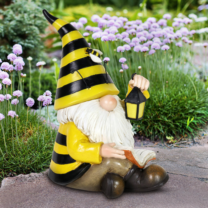 Hand Painted Solar Beekeeper Garden Gnome with Lantern and Book