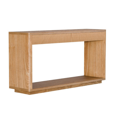 60" Modern 2-Drawer Fluted Console Table Natural Wood Veneer Sofa Table Behind Couch Table for Living Room, Hallway, Entryway, Home Office