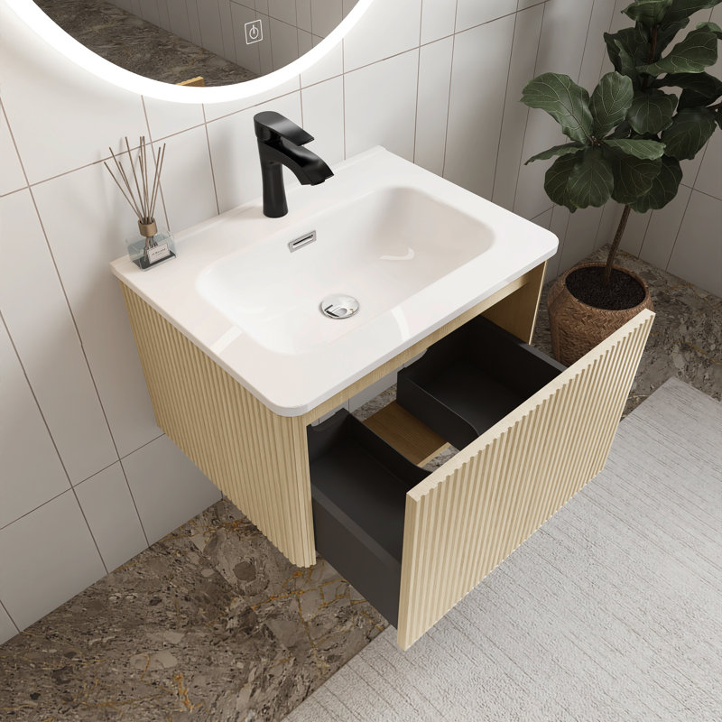 24“ Wall Mounted Floating Bathroom Vanity With White Ceramic Sink, Oak