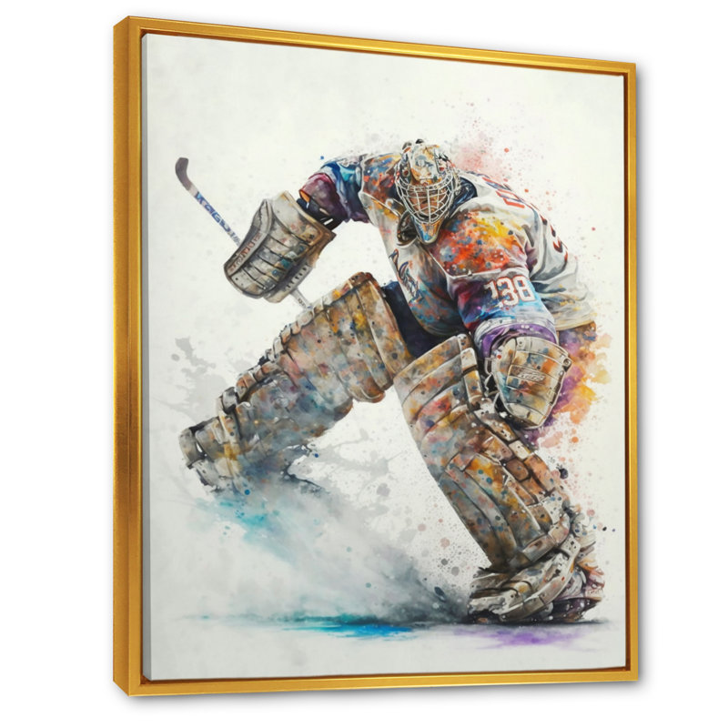 «Hockey Gardien sur glace pendant le jeu III», impression sur toile, Toile avec cadre flottant or, H 20 po x l 12 po x P 1 po