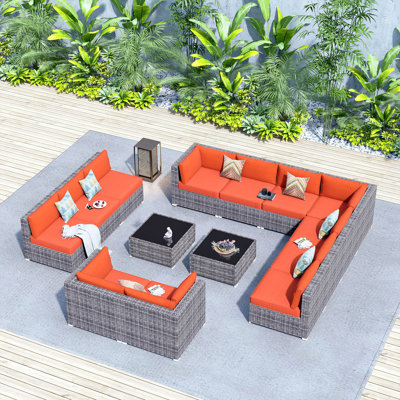 12-Person Outdoor Sectional With Cushions,All-Weather Wicker Patio Set by Latitude Run