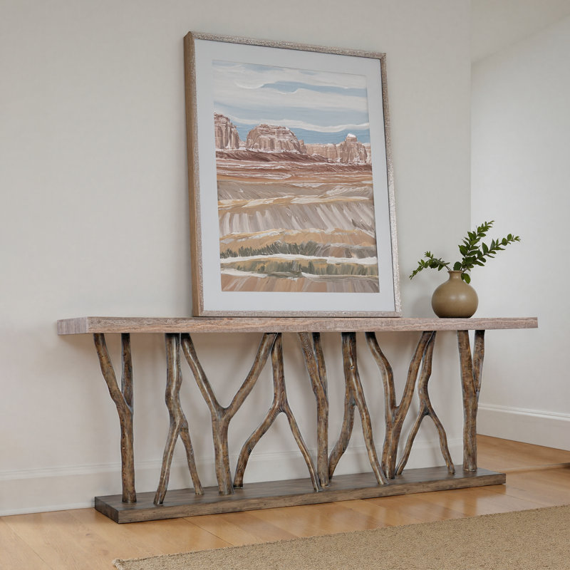 Surfrider 90'' W Stone Console Table, Brown Top/Dark Wood Base